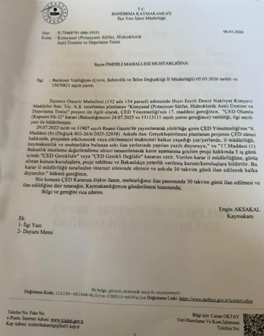 Bandırma’da Kimyasal Üretim Tesisi ‘ÇED Onayı’na tepkiler büyüyor